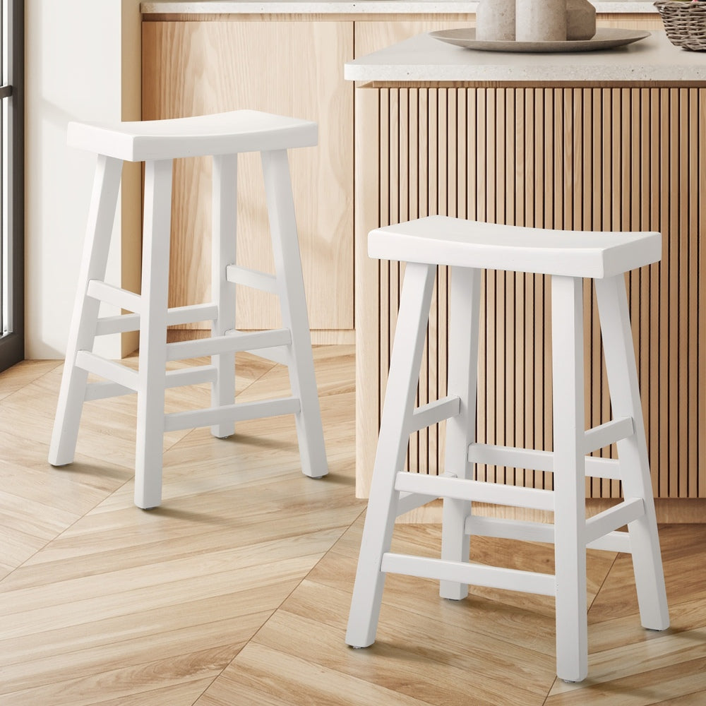 Elm Wood Bar Stools – Set of 2, Solid Timber, Curved Seat, 2‑Tier Footrest, White