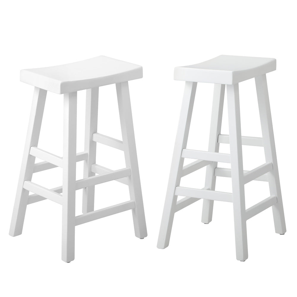 Elm Wood Bar Stools – Set of 2, Solid Timber, Curved Seat, 2‑Tier Footrest, White