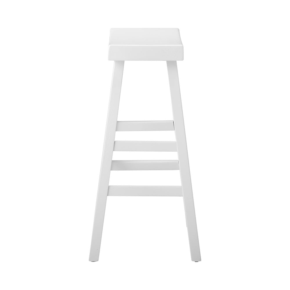 Elm Wood Bar Stools – Set of 2, Solid Timber, Curved Seat, 2‑Tier Footrest, White