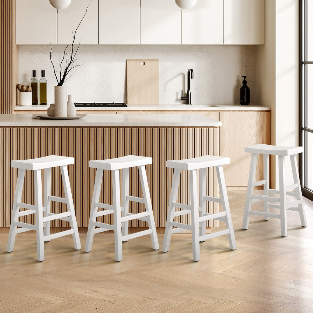 Bar Stool – Solid Elm Wood, Curved Seat, 2‑Tier Footrest, White (Set of 4)