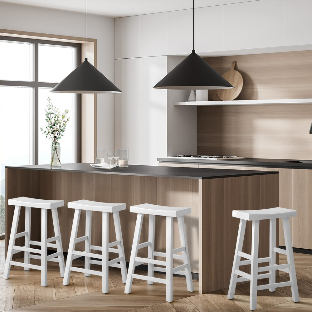 Bar Stool – Solid Elm Wood, Curved Seat, 2‑Tier Footrest, White (Set of 4)
