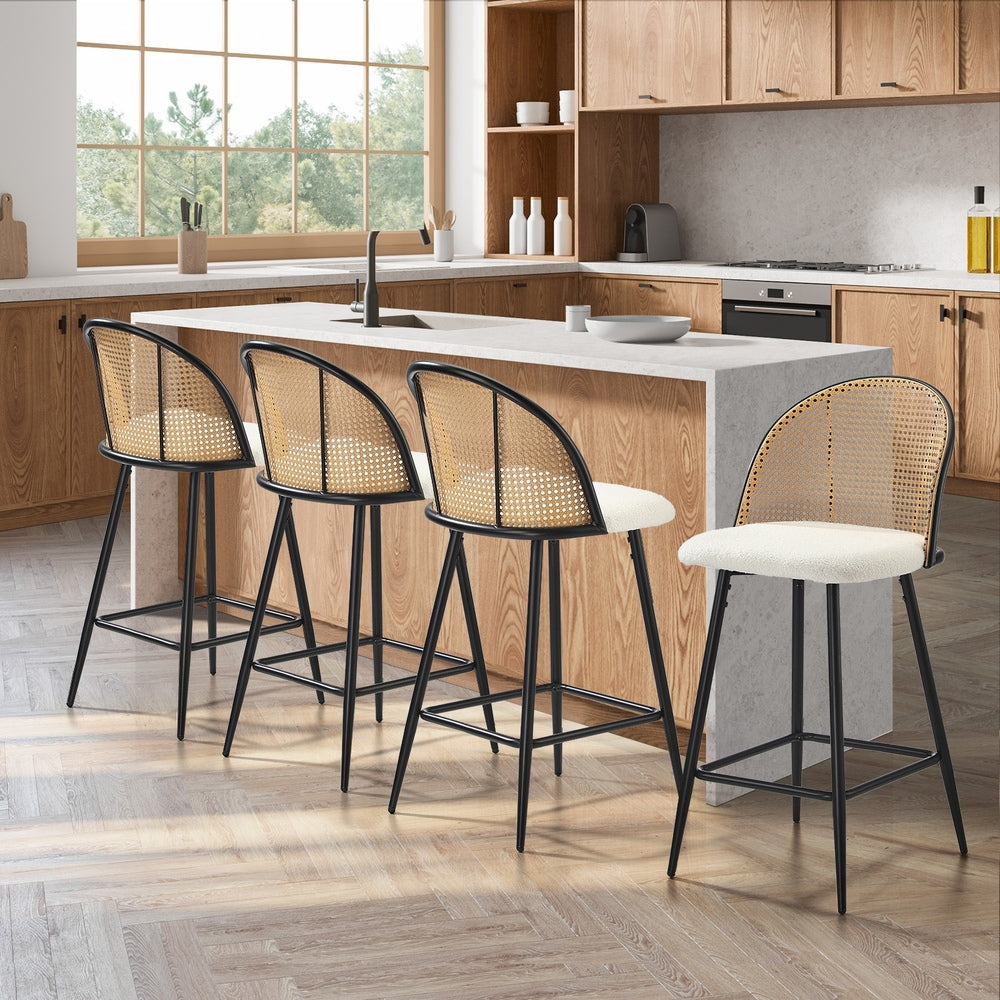 4x Bar Stools Kitchen Counter Stool Rattan Boucle Fabric