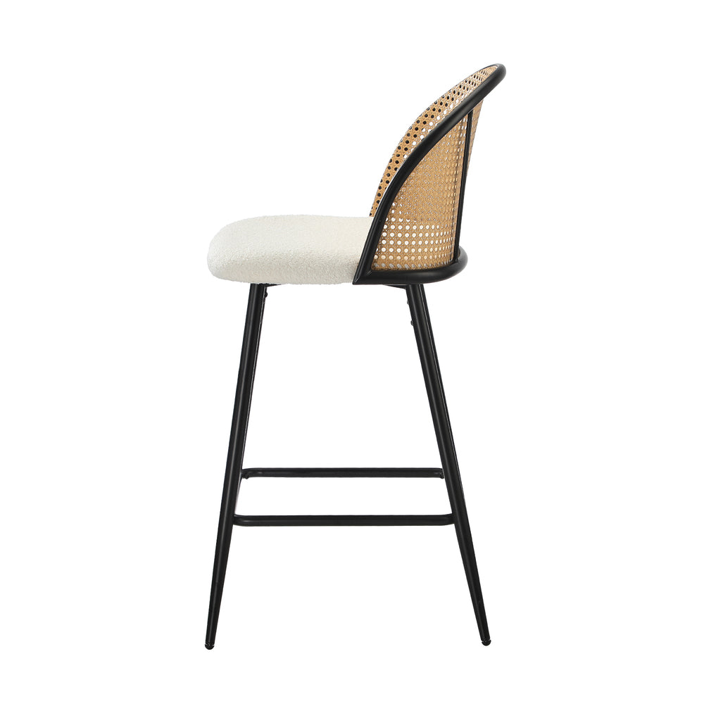 4x Bar Stools Kitchen Counter Stool Rattan Boucle Fabric
