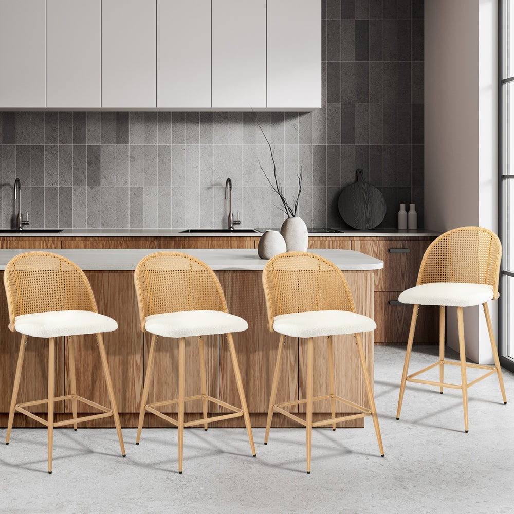 Oikiture 4x Bar Stools Rattan Dining Chair Natural Boucle White