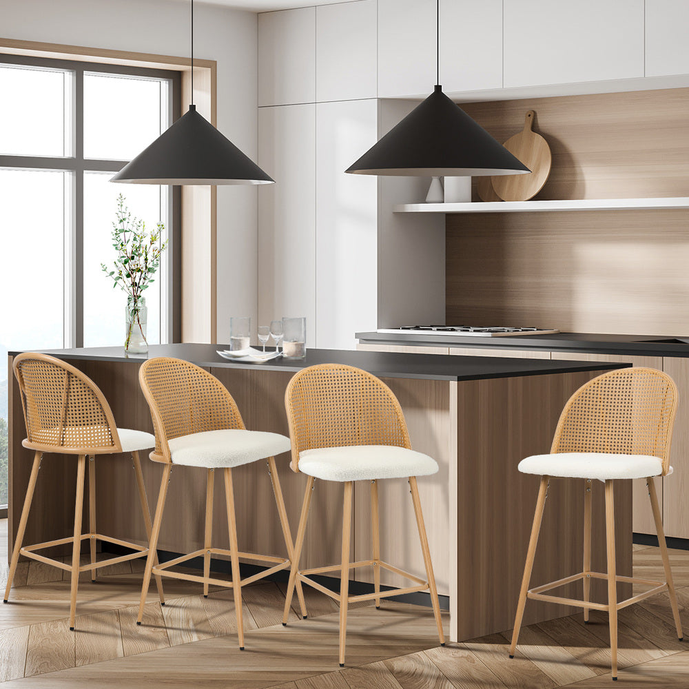 Oikiture 4x Bar Stools Rattan Dining Chair Natural Boucle White