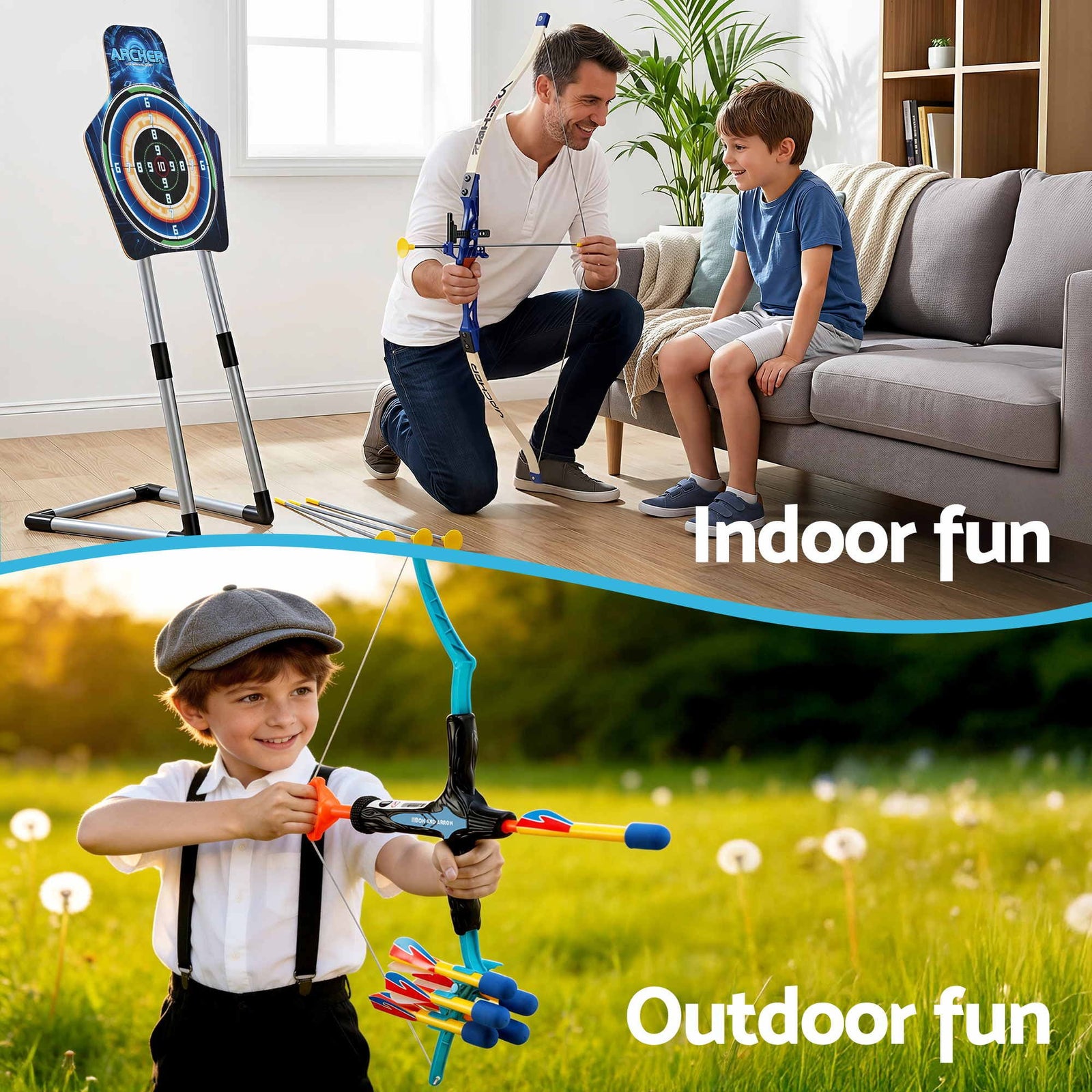 Kids Bow & Arrow Set – Standing Target, Suction Arrows, Archery Toy