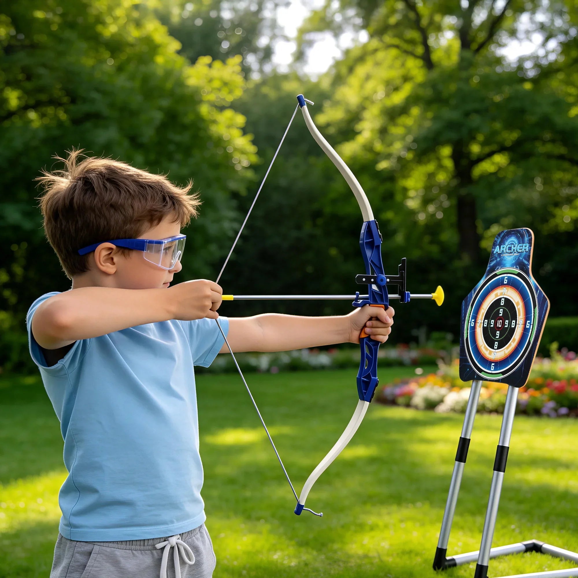 Kids Bow and Arrow Set Toy Archery Standing Target Suction Cup Arrows Goggles