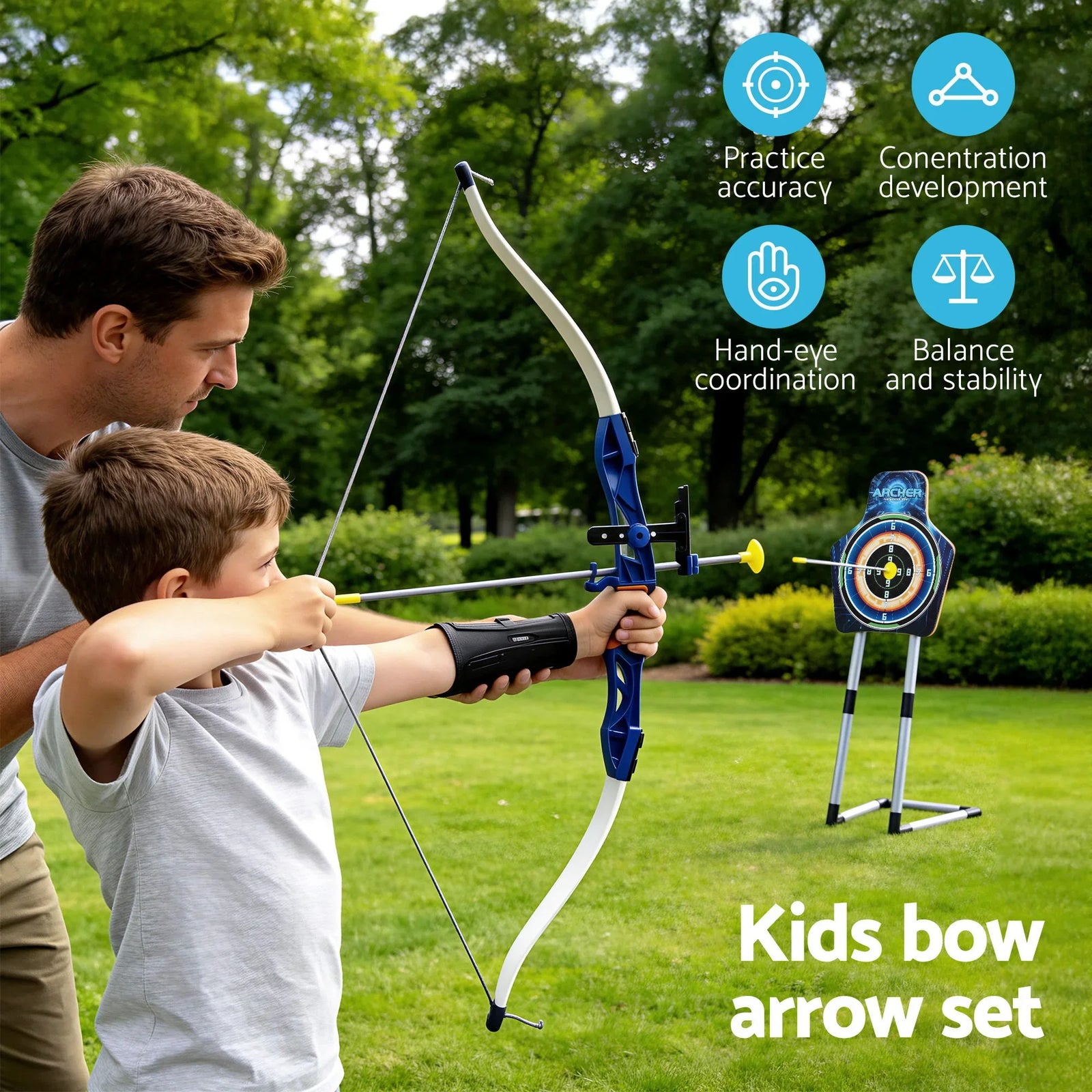 Kids Bow and Arrow Set Toy Archery Standing Target Suction Cup Arrows Goggles