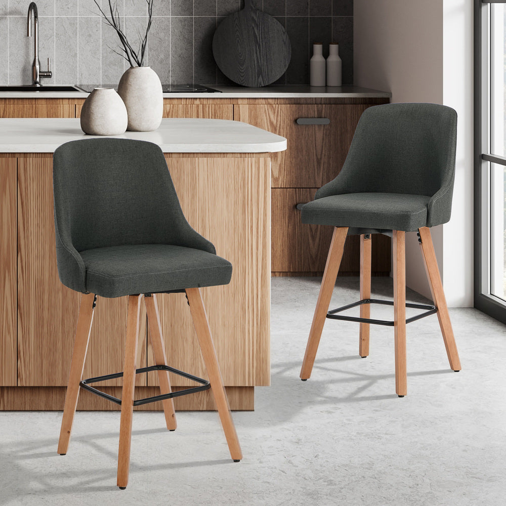 2x Bar Stools Kitchen Dining Chairs Wooden Stool Linen Grey