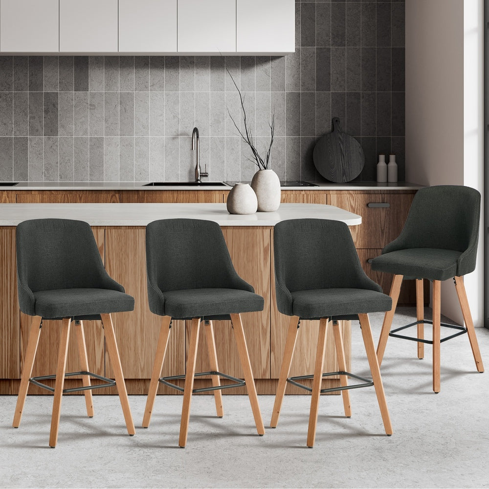 4x Bar Stools Kitchen Dining Chairs Wooden Stool Linen Grey