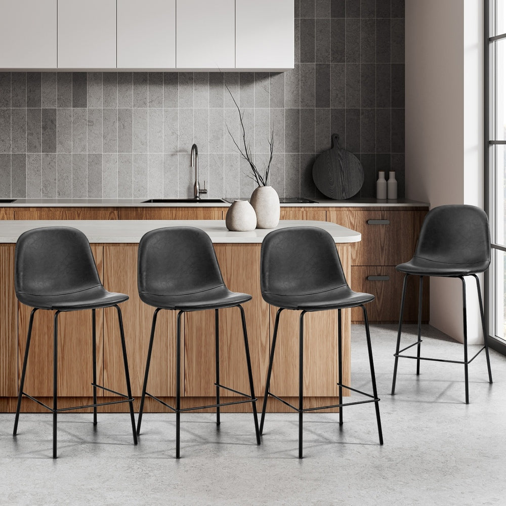 Oikiture 4x Bar Stools Kitchen Dining Chair PU Leather Black