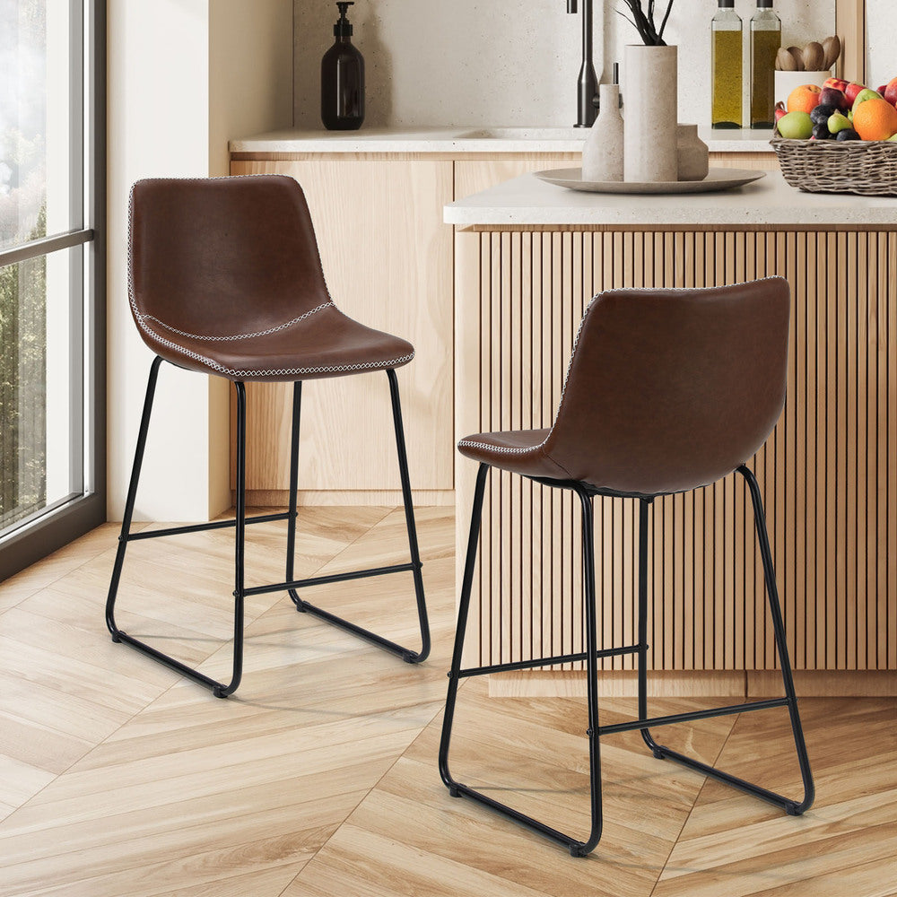 2x Bar Stools Leather Padded Stool Brown