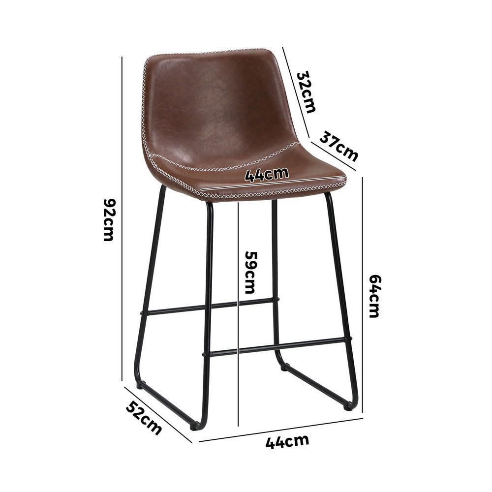 2x Bar Stools Leather Padded Stool Brown