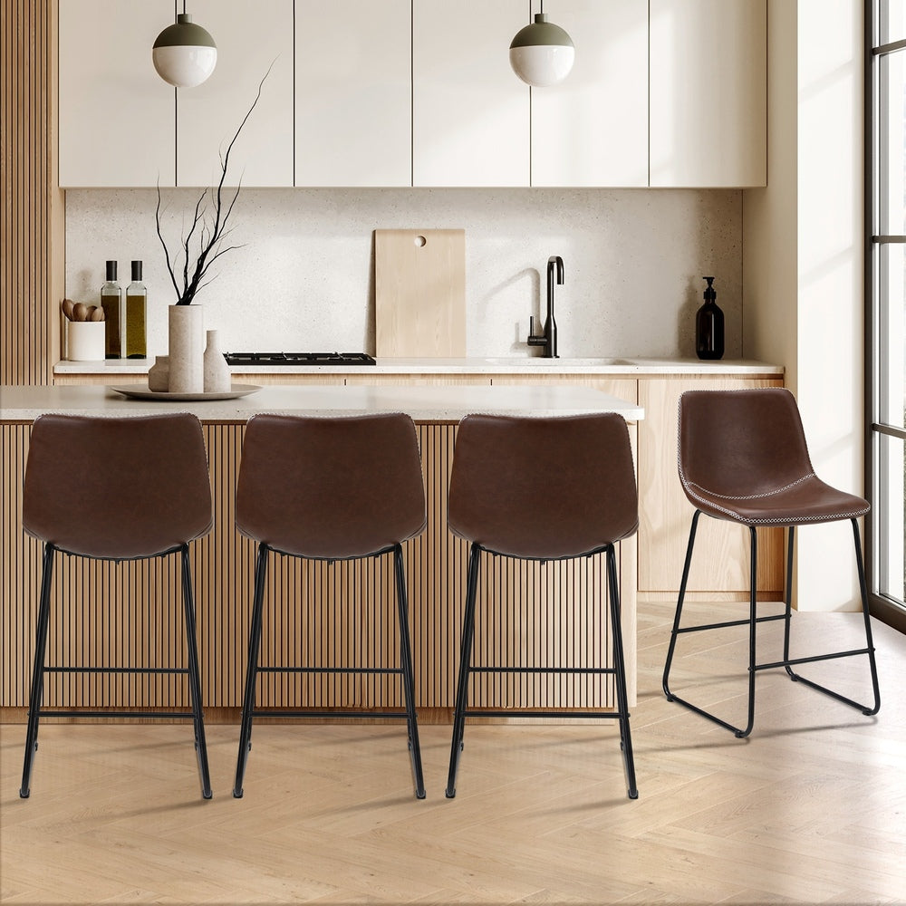 4X Bar Stools Leather Padded Stool Brown