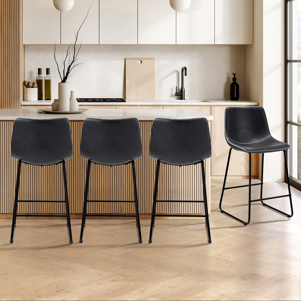 4x Bar Stools Kitchen Stool Metal Leather Grey