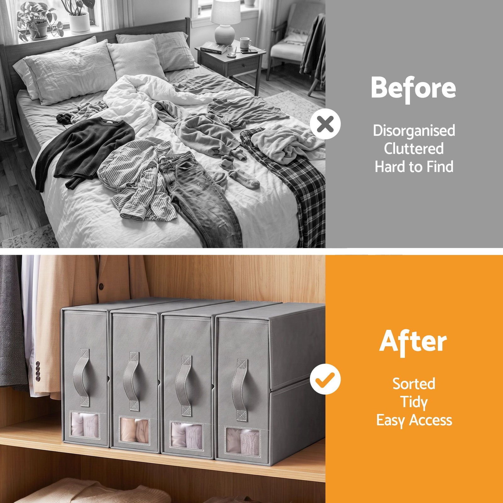 Bed Sheet Organisers Box Set 4Pcs Storage King Size Bedding Foldable Grey