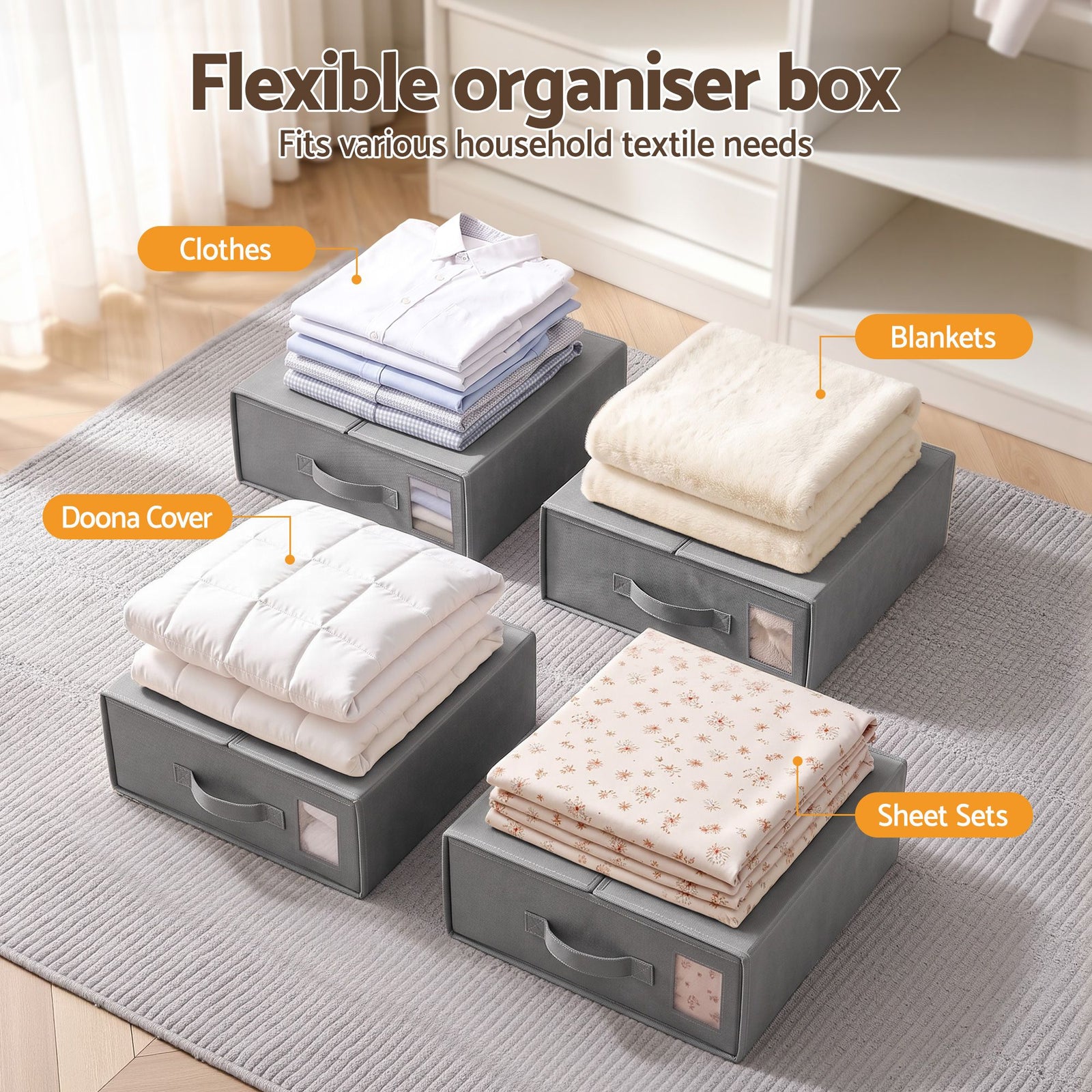 Bed Sheet Organisers Box Set 8Pcs Storage King Size Bedding Foldable Grey