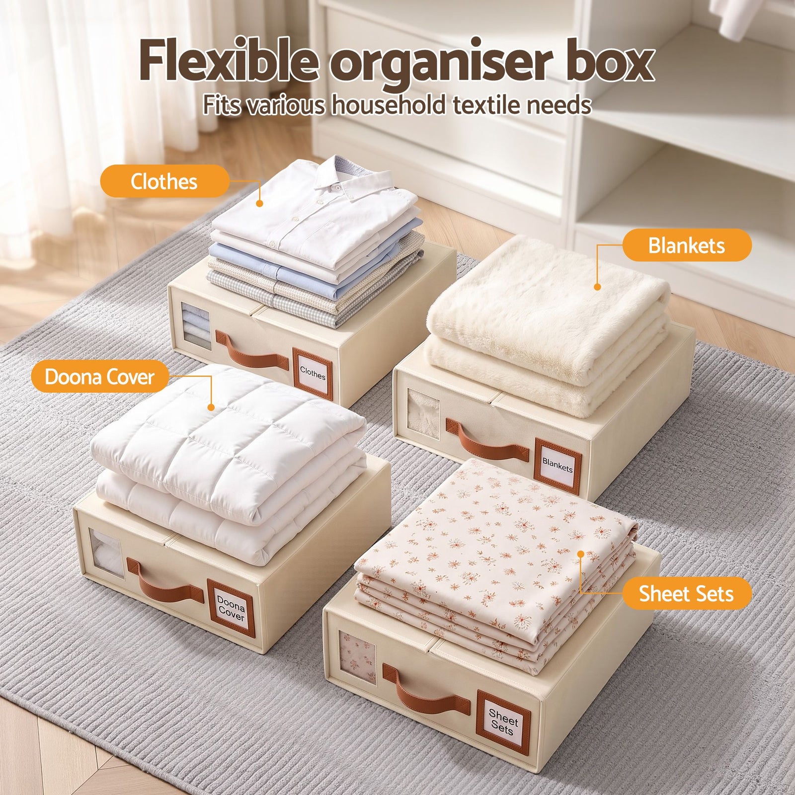 Bed Sheet Organisers Box 4Pcs Storage King Size Bedding Foldable Beige