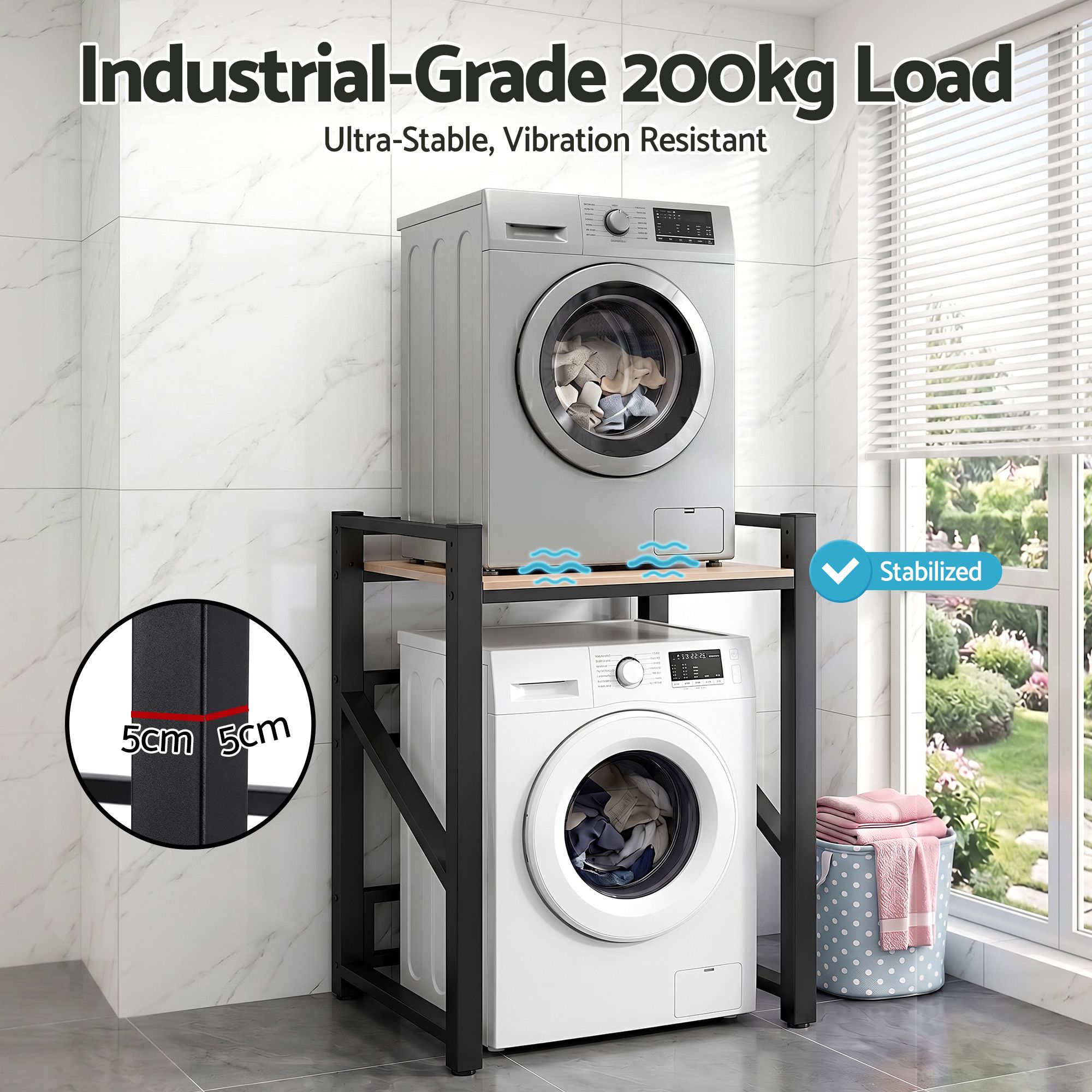 Over Washing Machine Rack – 200kg Heavy‑Duty Steel, 2‑Tier Laundry Shelf
