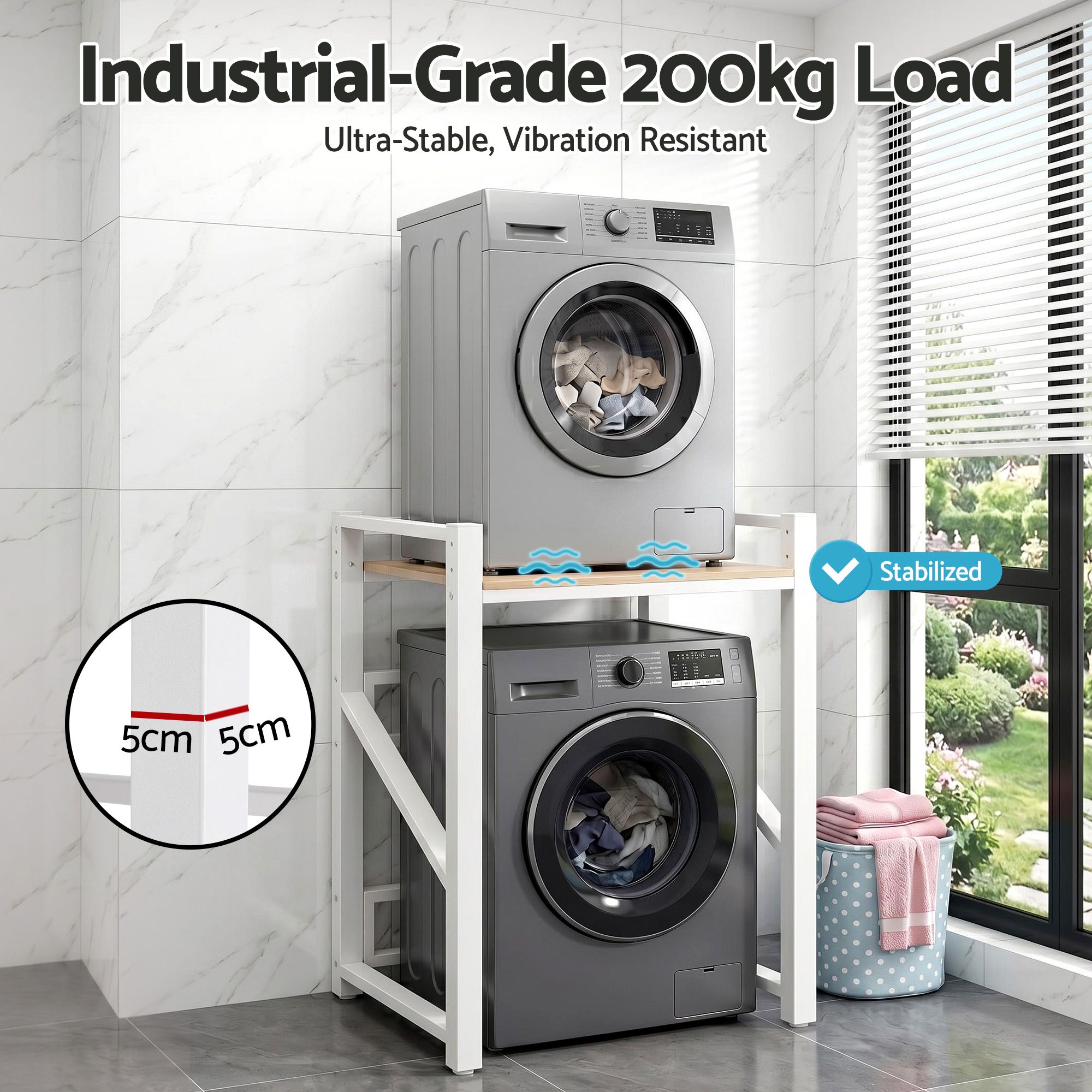 Over Washing Machine Rack – 75cm, 200kg Heavy‑Duty Steel, 2‑Tier Laundry Shelf