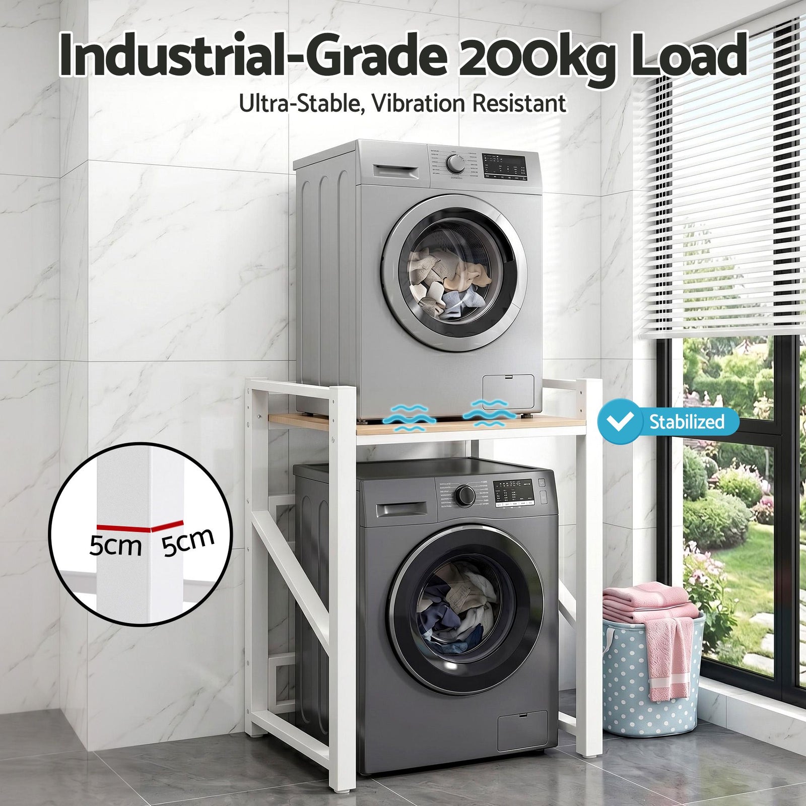 Over Washing Machine Rack – 75cm, 200kg Heavy‑Duty Steel, 2‑Tier Laundry Shelf