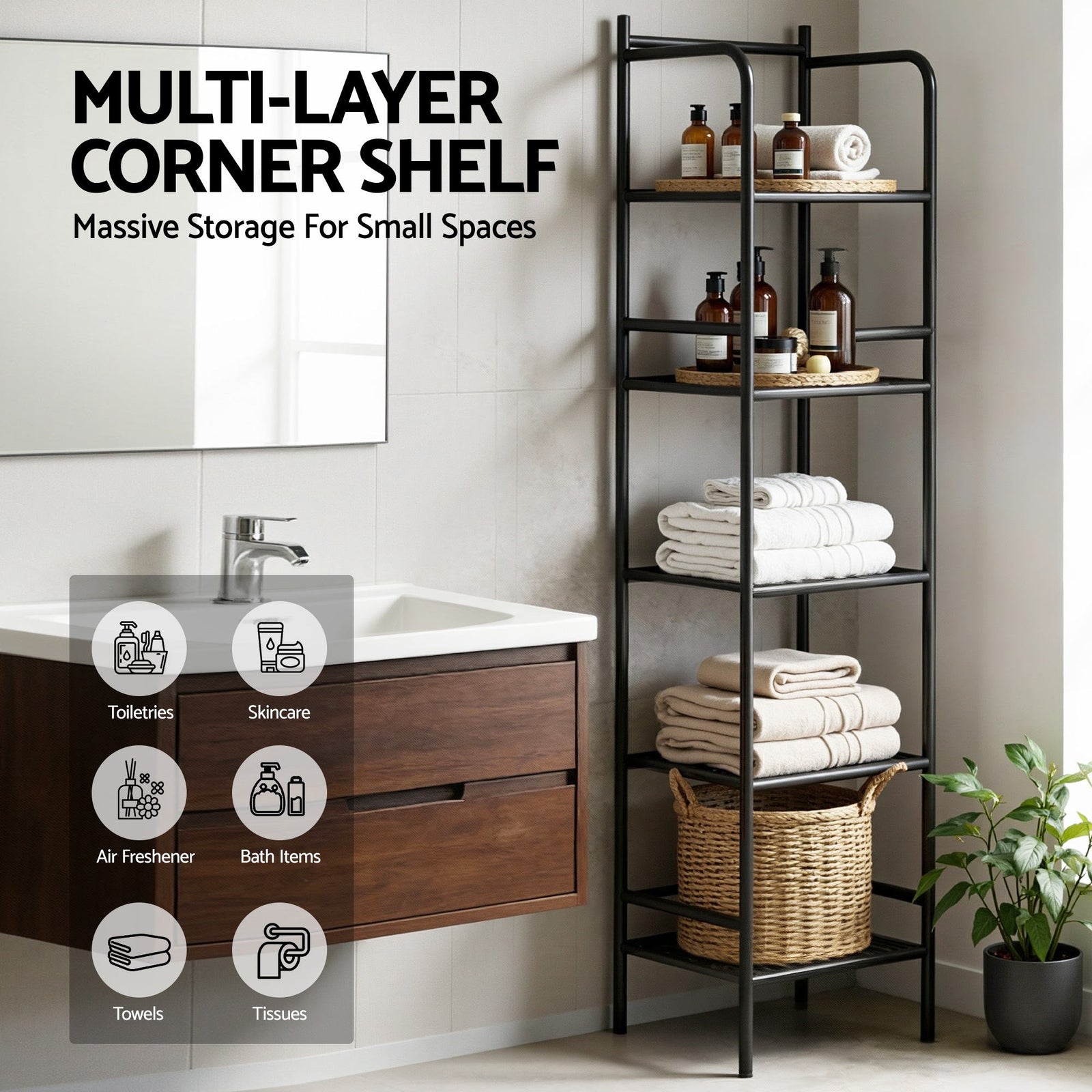 5 Tier Floor Standing Corner Shower Caddy Bathroom Organizer Black