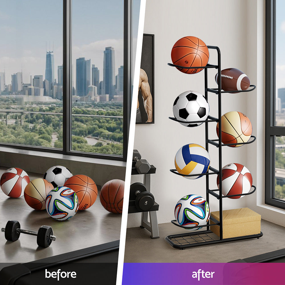 Ball Storage Rack Sports Equipment Organizer 7-Tier Holder for Garage Gym Black