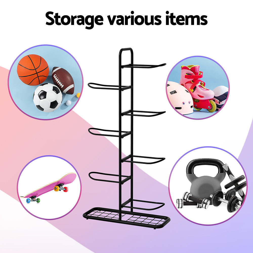 Ball Storage Rack Sports Equipment Organizer 7-Tier Holder for Garage Gym Black