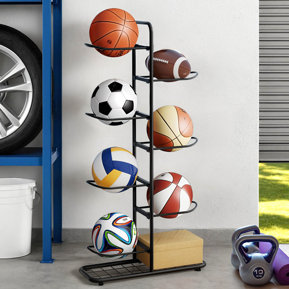 Ball Storage Rack Sports Equipment Organizer 7-Tier Holder for Garage Gym Black