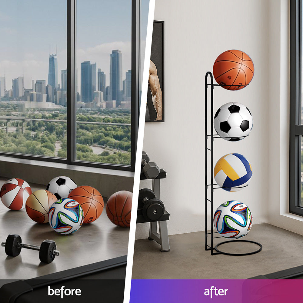 Ball Storage Rack Sports Equipment Organizer 4-Tier Holder for Garage Gym Black