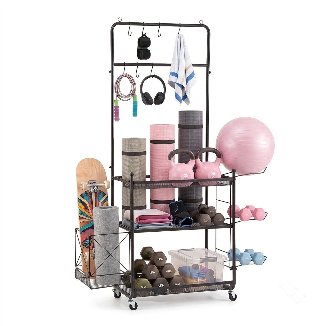 Yoga Mat Ball Storage Cart Multifunction Equipment Organizer Rack 145cm