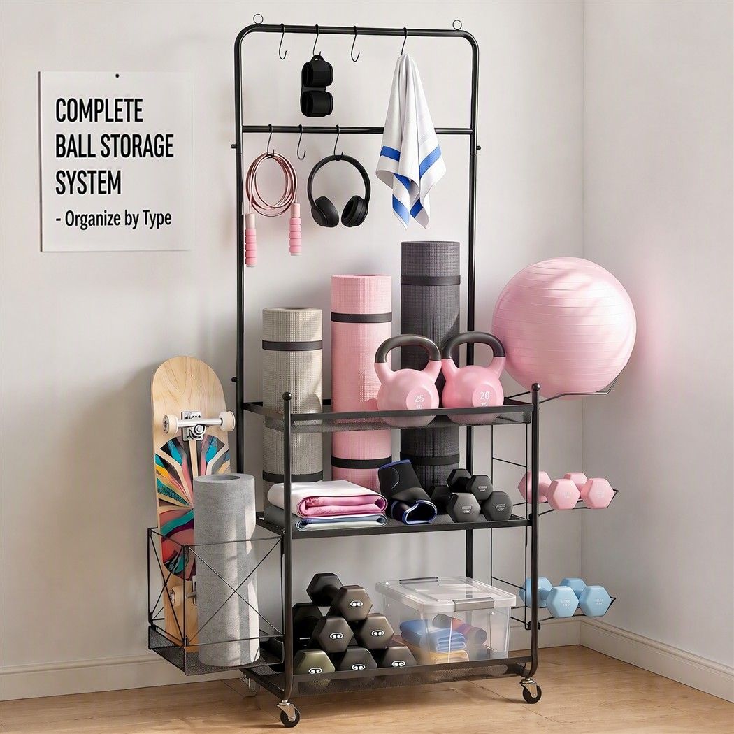 Yoga Mat Ball Storage Cart Multifunction Equipment Organizer Rack 145cm
