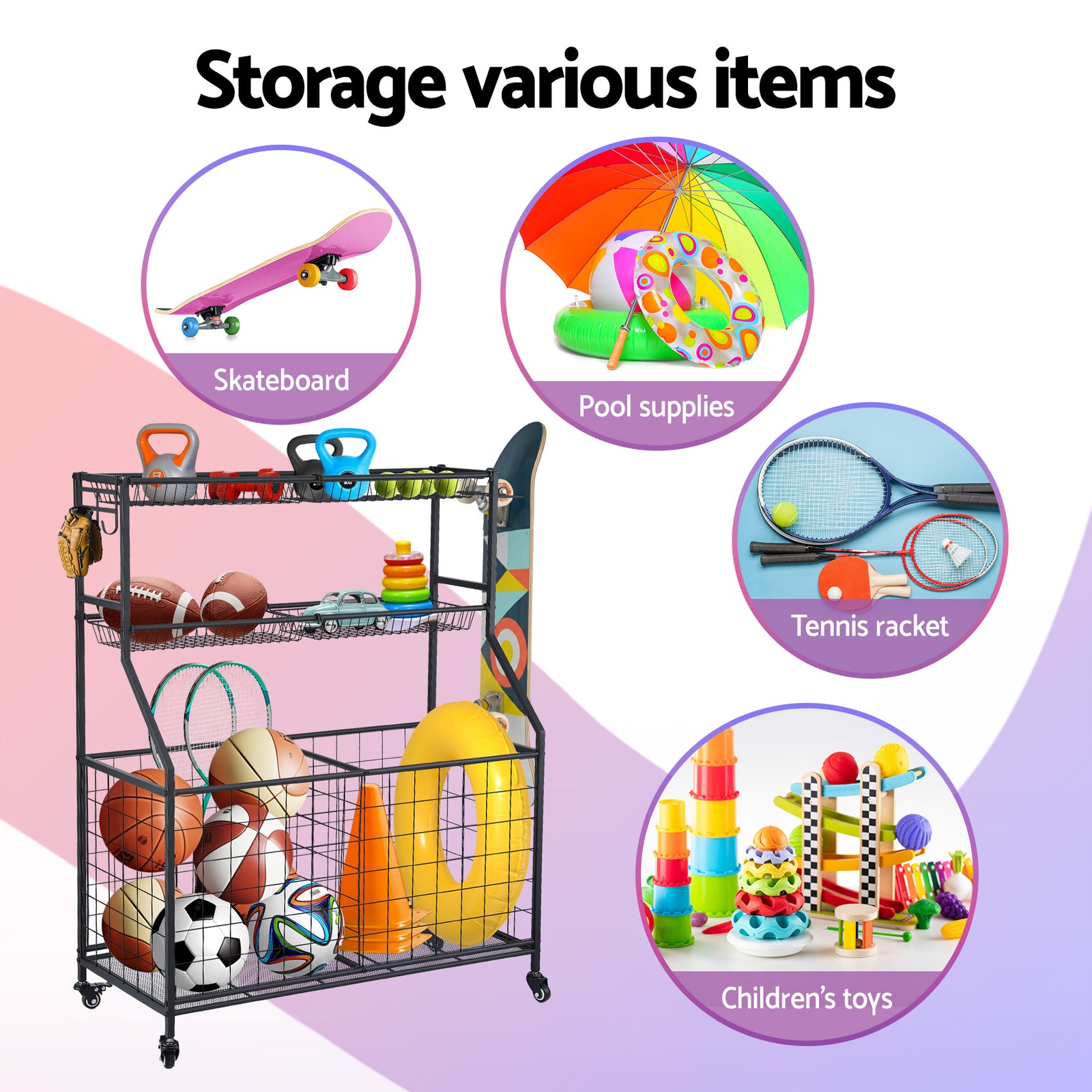 Sports Equipment Organizer Storage with Wheels Multi-Sport Garage Gym Black