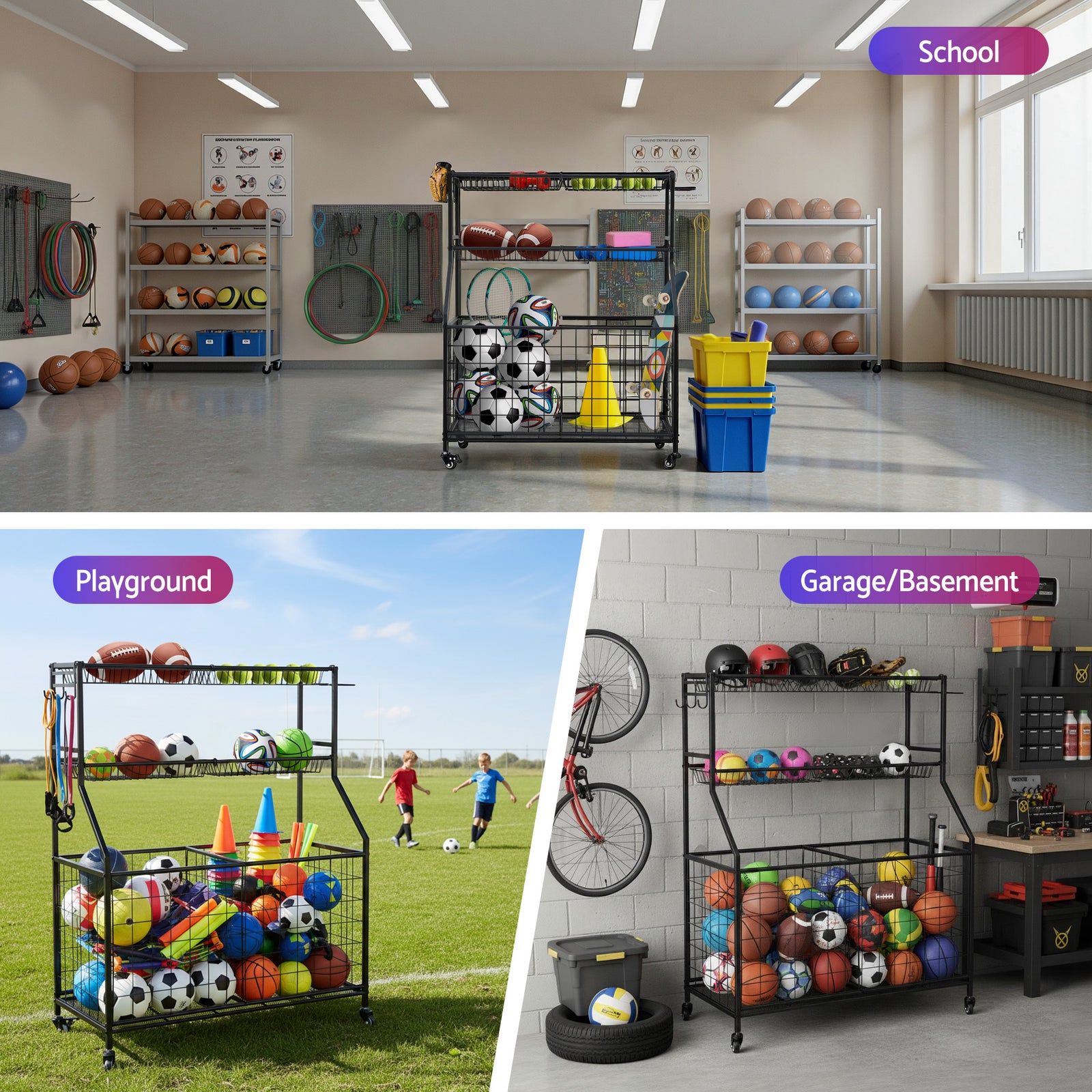 Sports Equipment Organizer Storage with Wheels Multi-Sport Garage Gym Black