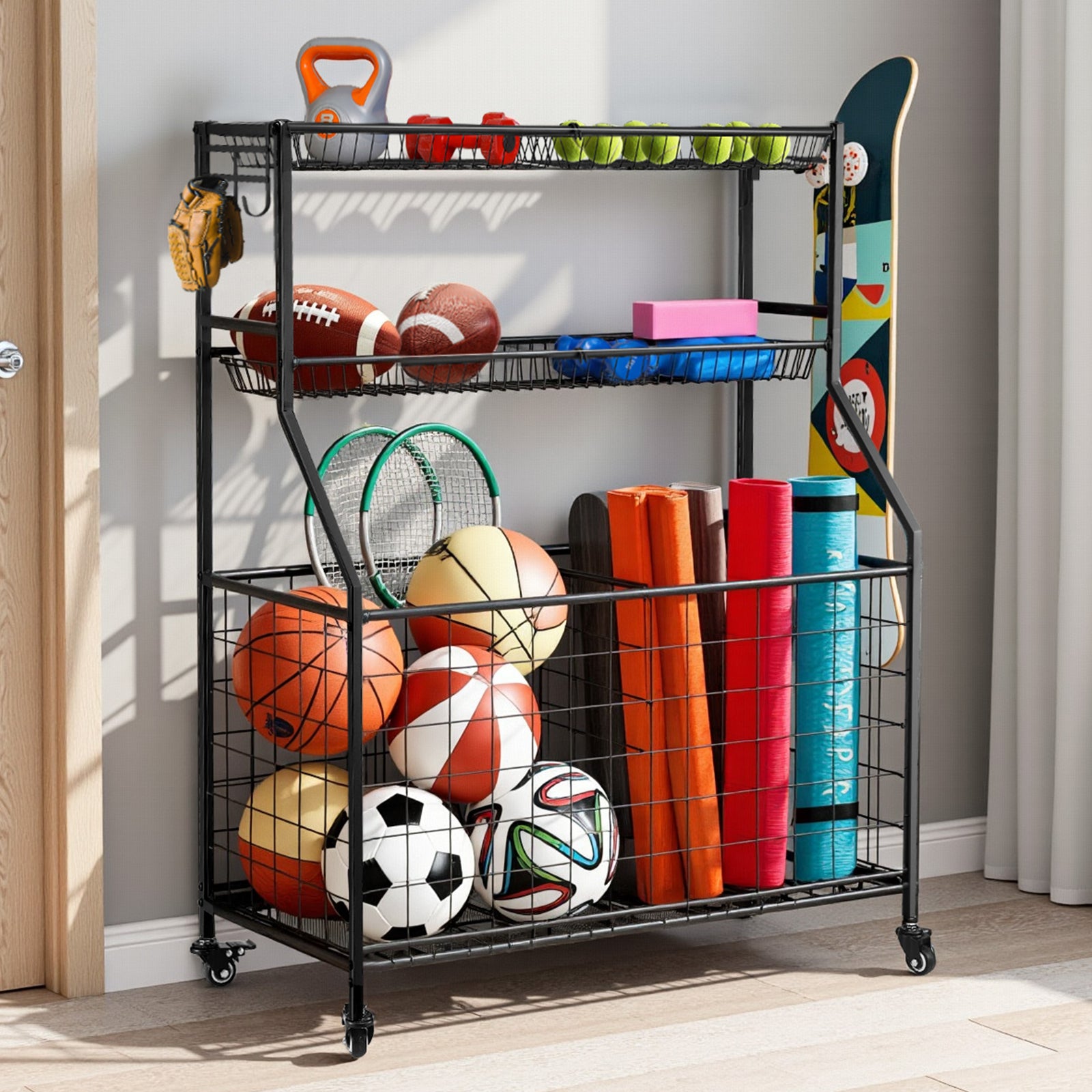 Sports Equipment Organizer Storage with Wheels Multi-Sport Garage Gym Black
