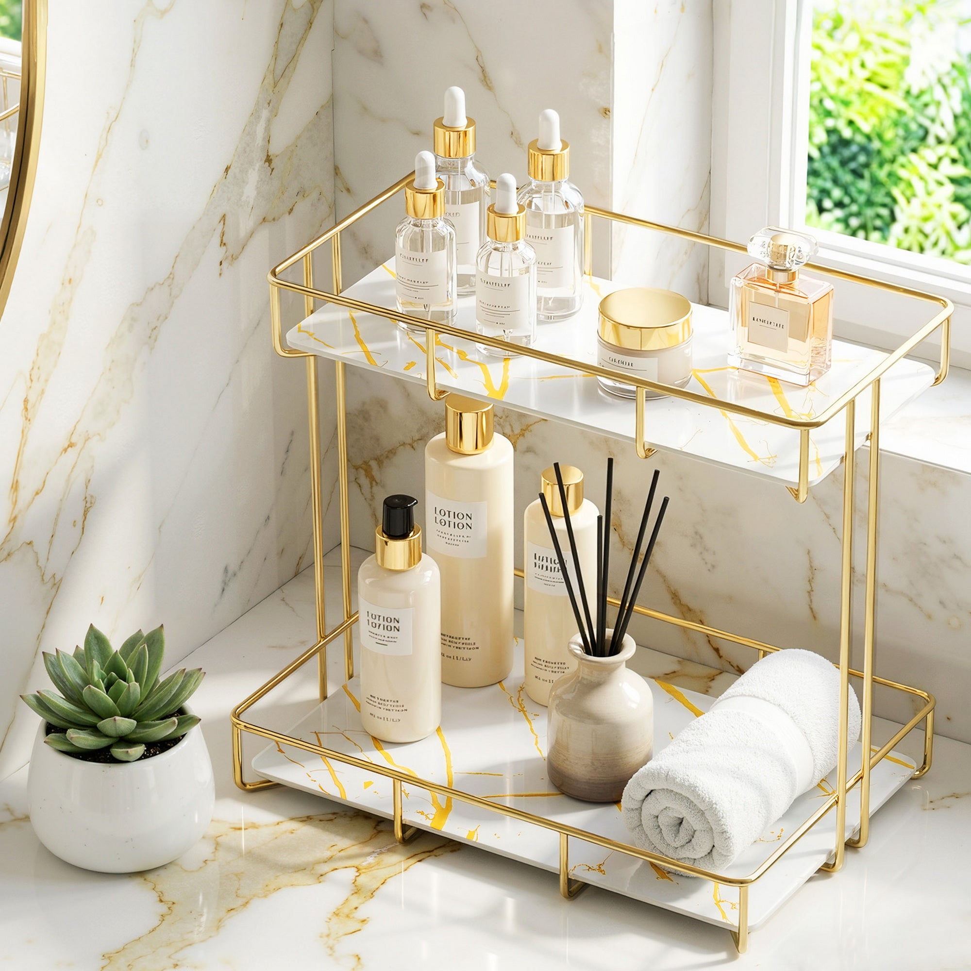 Bathroom Storage Rack 2 Tier Corner Organiser Gold Marble Look