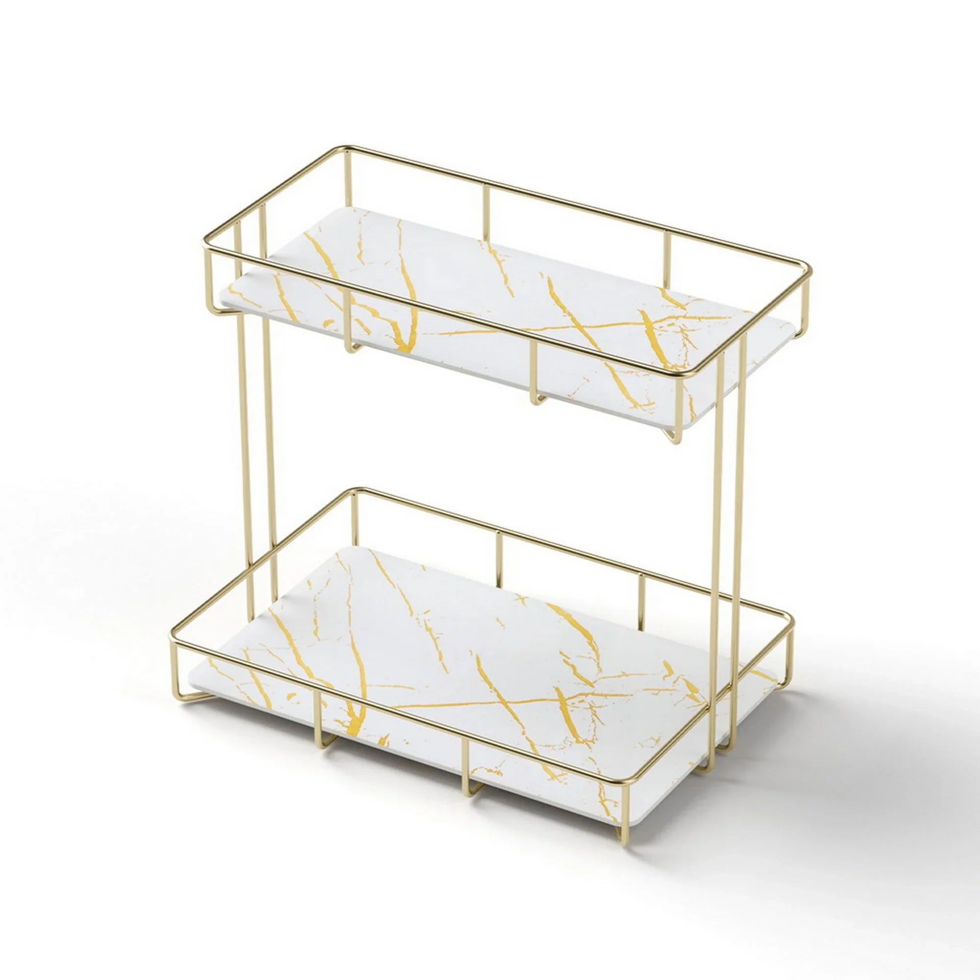 2X Bathroom Storage Rack 2 Tier Corner Organiser Gold Marble Look