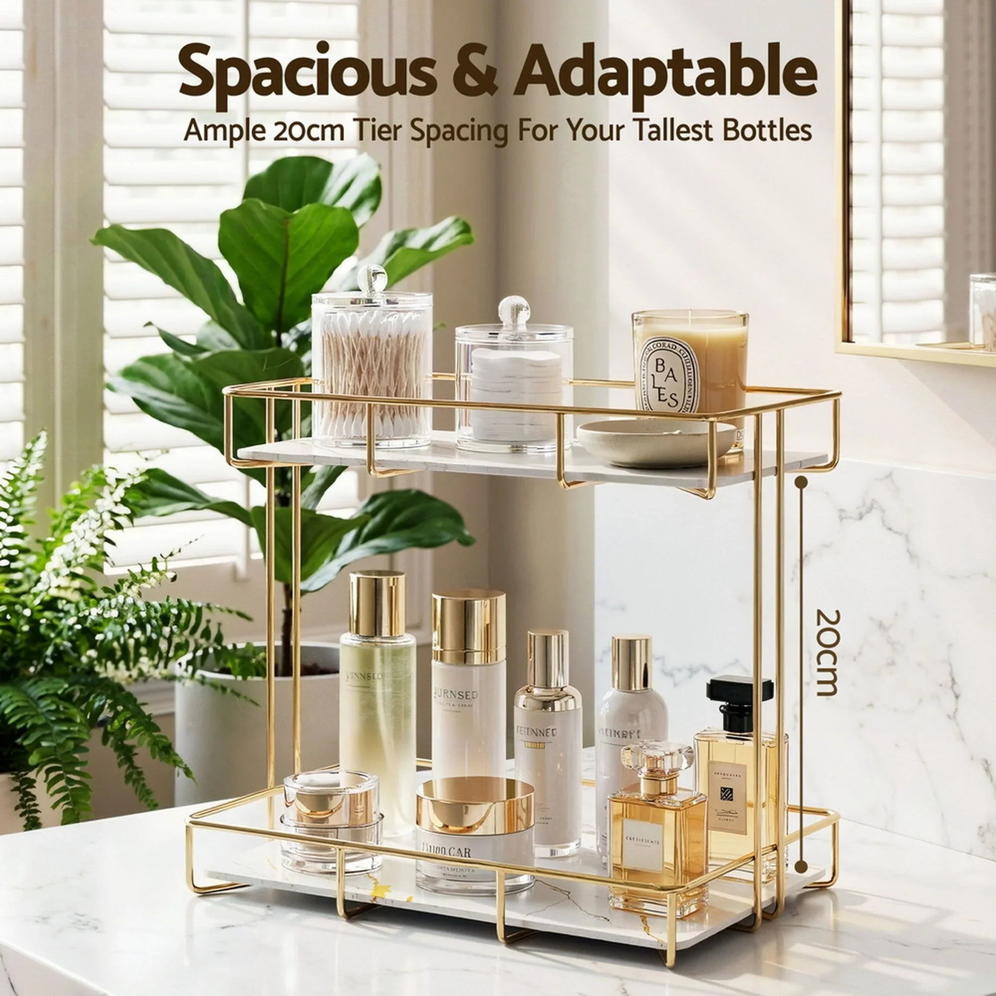 2X Bathroom Storage Rack 2 Tier Corner Organiser Gold Marble Look