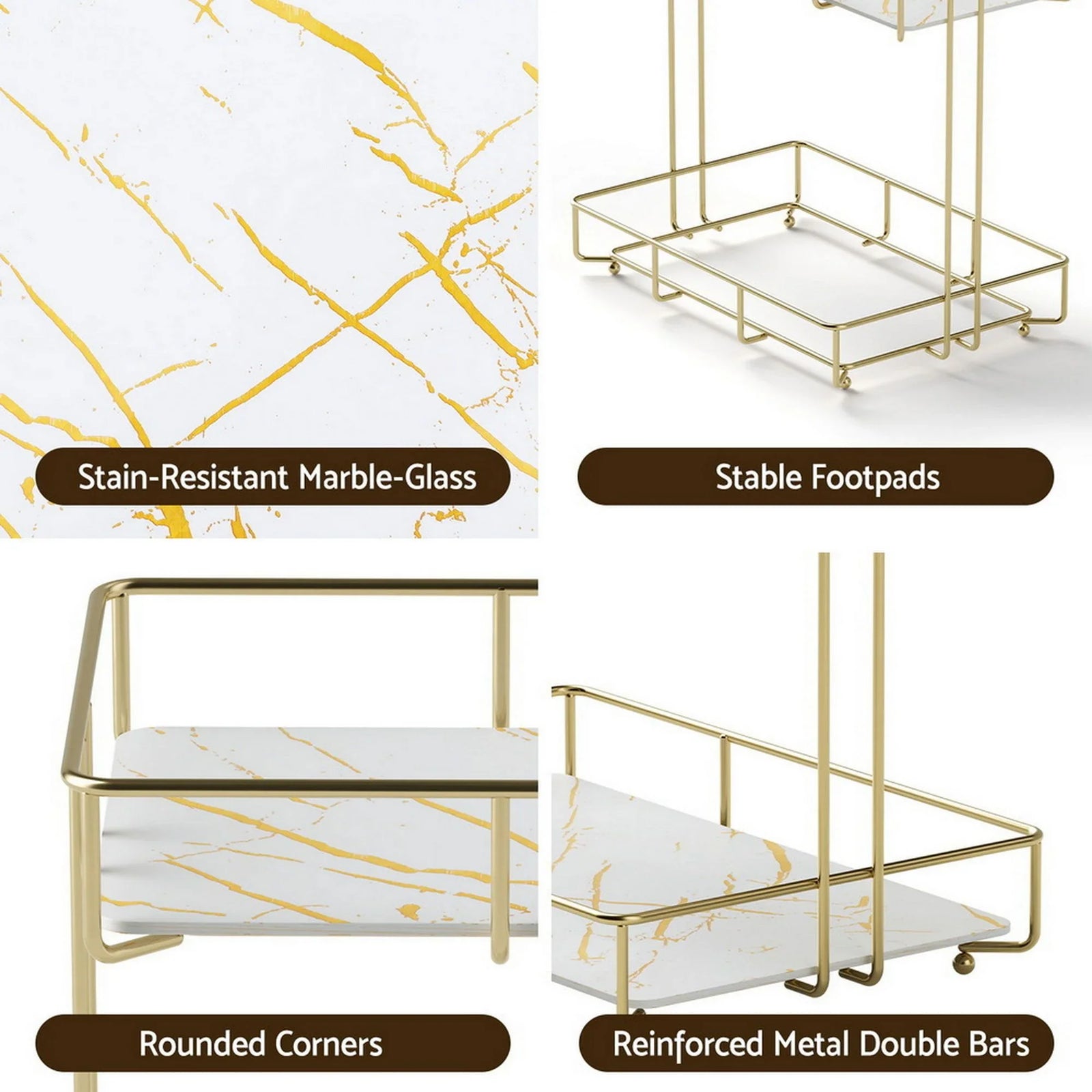 2X Bathroom Storage Rack 2 Tier Corner Organiser Gold Marble Look