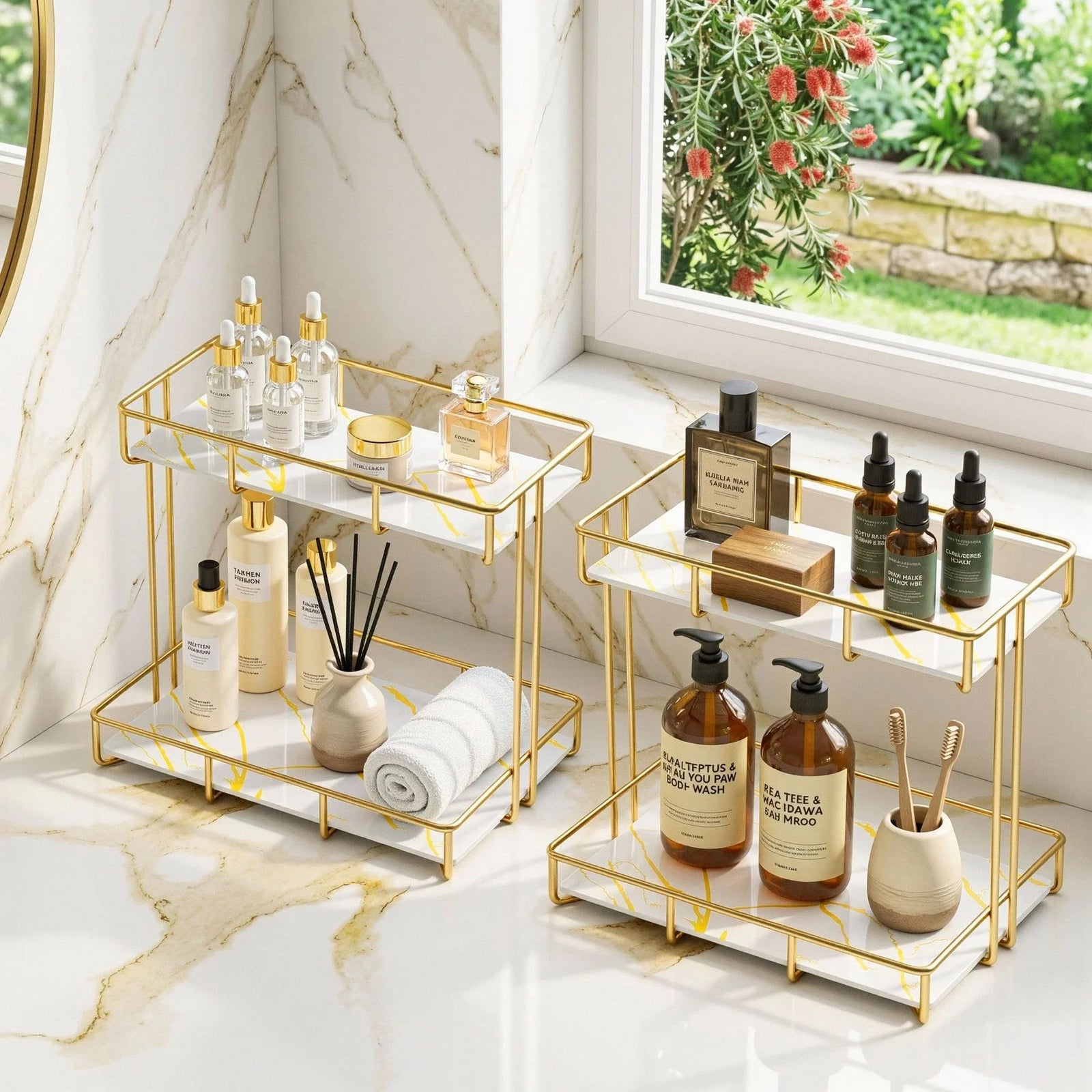 2X Bathroom Storage Rack 2 Tier Corner Organiser Gold Marble Look
