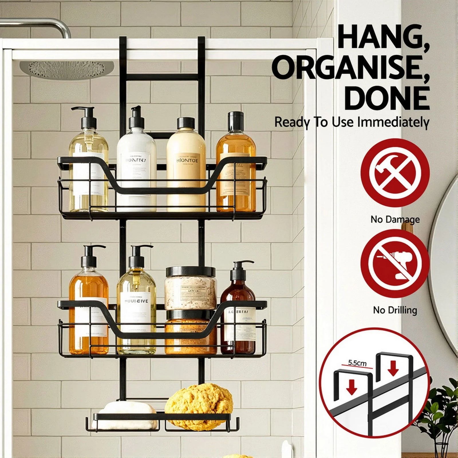 Bathroom Wall Shelf Set of 2 – 3‑Tier No‑Drill Clip‑On Storage Rack, Black