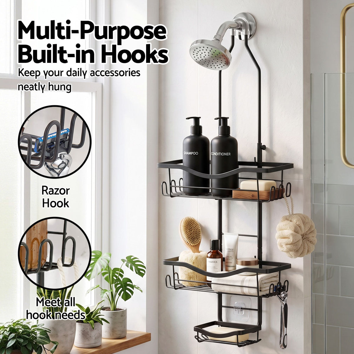 Artiss Hanging Shower Caddy Over Shower Head Bathroom Organiser Shelf Black