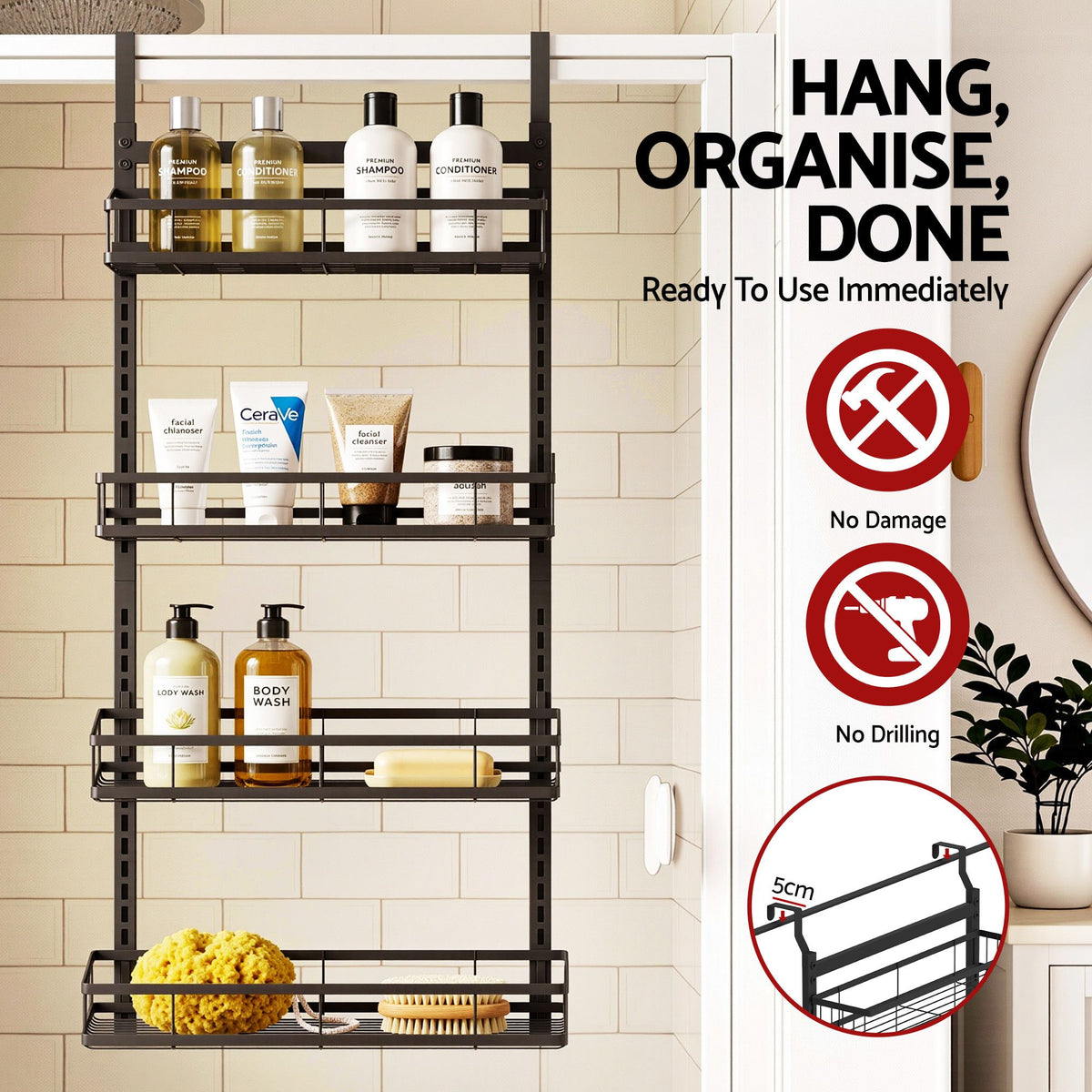 Over Door Bathroom Rack Hanging Organiser 4 Tier No Drill 91cm Black