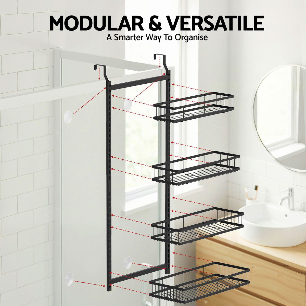 Over Door Bathroom Rack Hanging Organiser 4 Tier No Drill 91cm Black