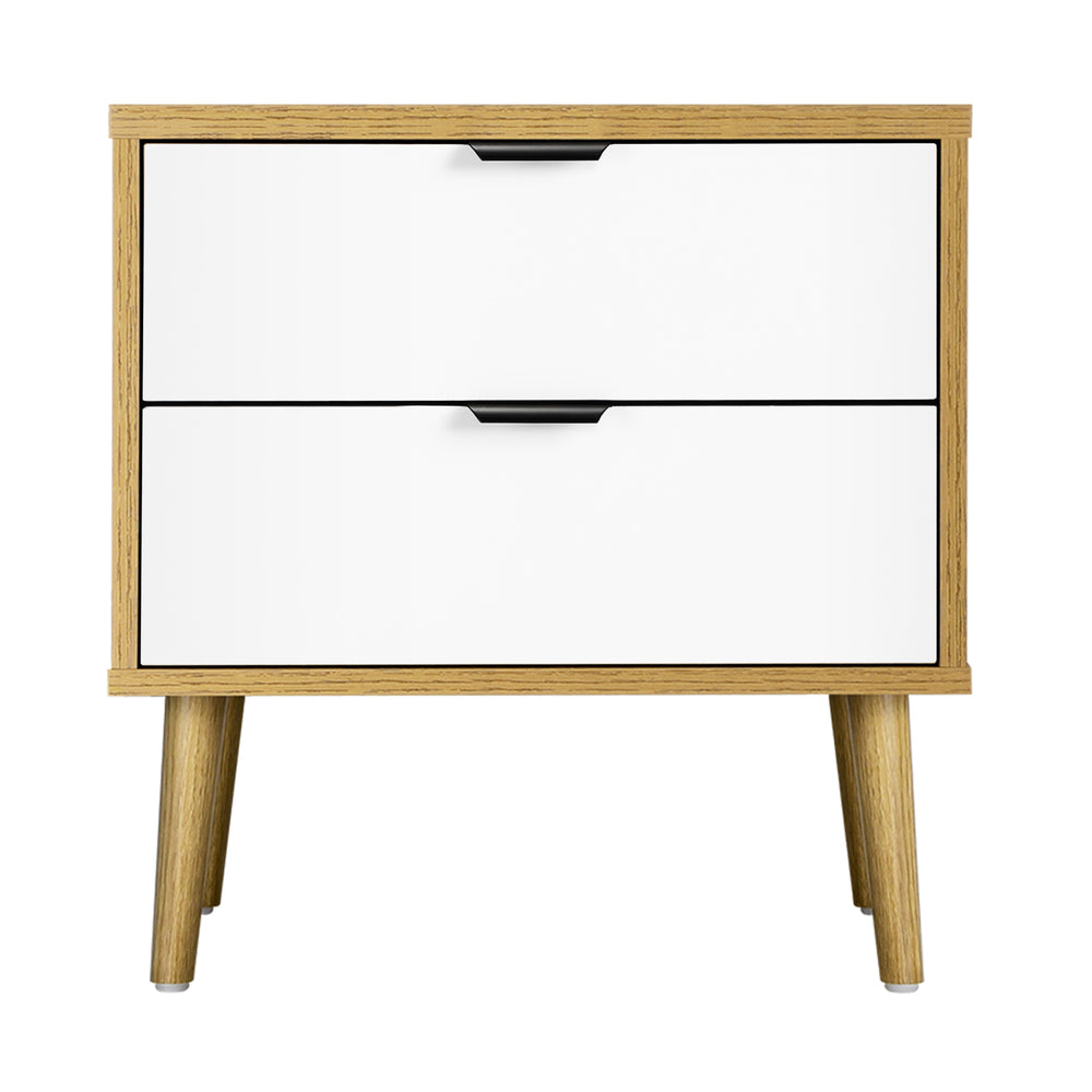 2‑Drawer Bedside Table – White/Wood, Metal Handles, 15mm Board