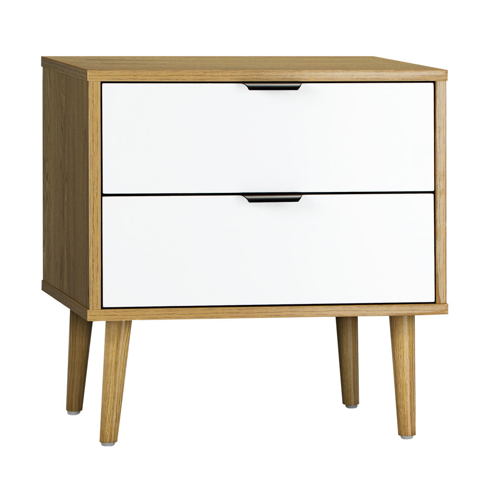 2‑Drawer Bedside Table – White/Wood, Metal Handles, 15mm Board