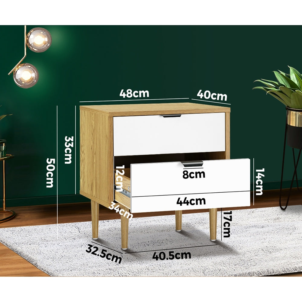2‑Drawer Bedside Table – White/Wood, Metal Handles, 15mm Board