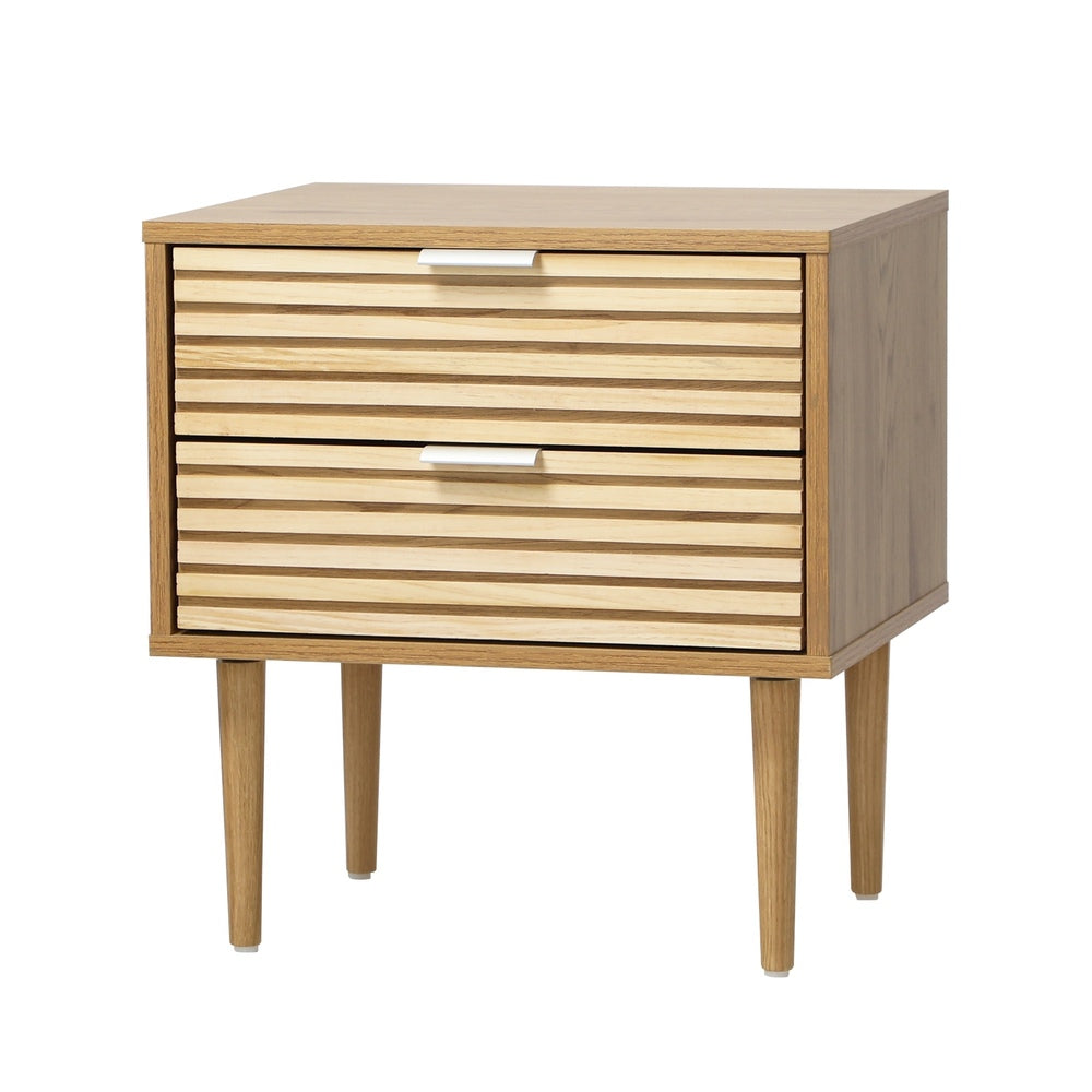 Oikiture Bedside Table – Natural 2‑Drawer Nightstand with Metal Handles