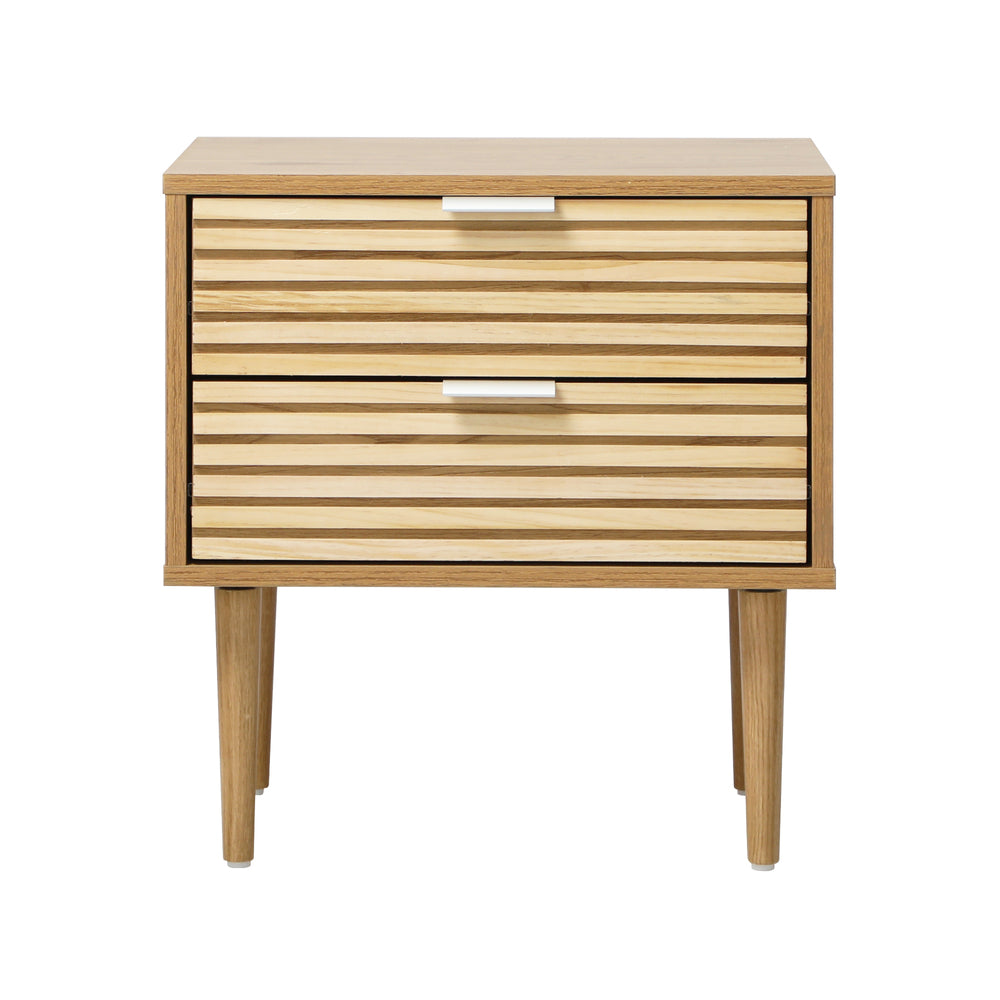 Oikiture Bedside Table – Natural 2‑Drawer Nightstand with Metal Handles
