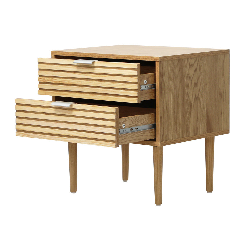 Oikiture Bedside Table – Natural 2‑Drawer Nightstand with Metal Handles